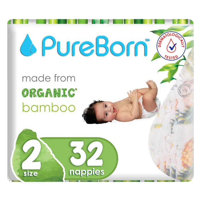Pure Born Organic Bamboo Diapers Size 2- (Pack of 32)