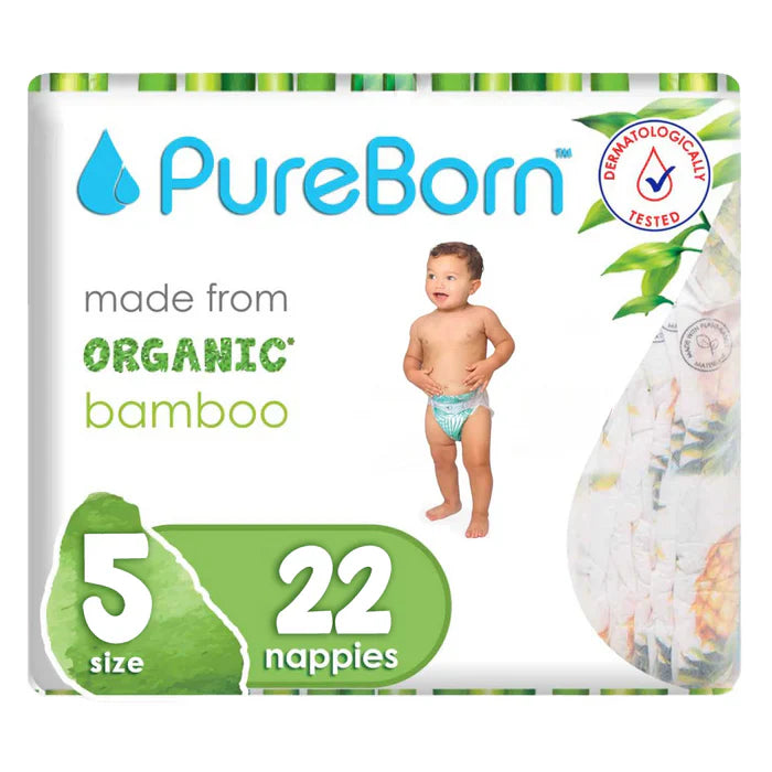 Pure Born Organic Bamboo Diapers Size 5- (Pack of 22)