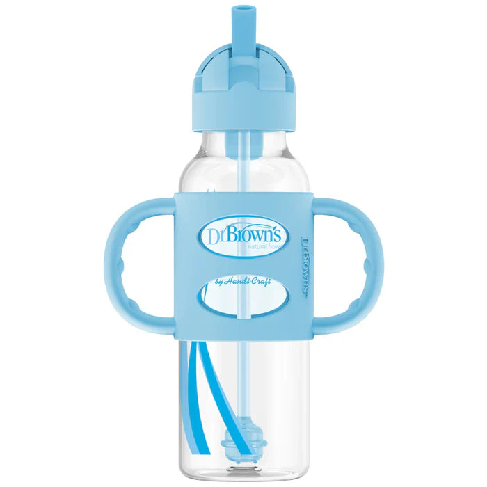 Dr.Browns Sippy Straw Bottle W/ Silicone Handles 250Ml (Blue)-plastic
