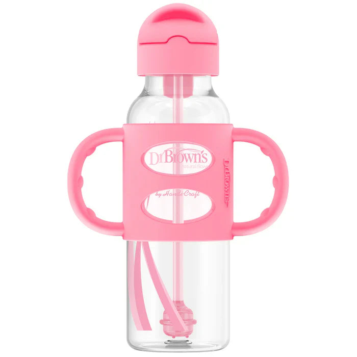 Dr.Browns Sippy Straw Bottle W/ Silicone Handles 250Ml (Pink)-plastic