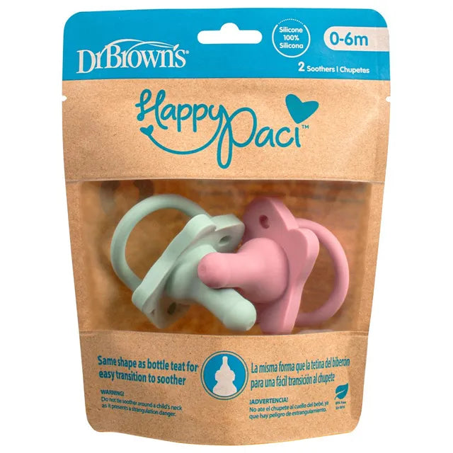 Dr.Browns Happypaci Silicone One-Piece Soother, 0-6M, Pink And Green (Pack Of 2)