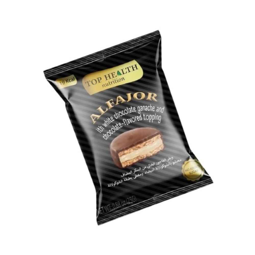 Top Health Nutrition Alfajor filled with white chocolate ganache and covered in a chocolate-flavored topping 25g