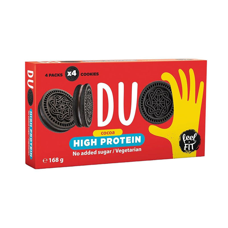 Feel Fit Duo High Protein Cocoa Cookies, No Added Sugar, Vegetarian – 4 Packs x 4 Cookies – 168g