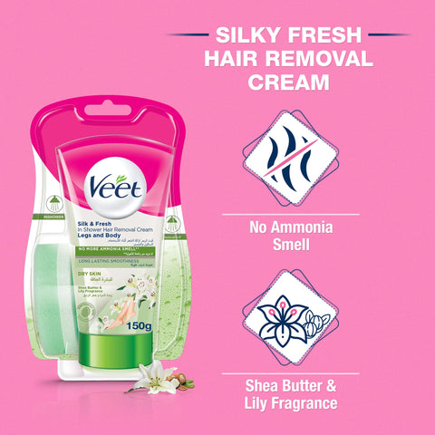 Veet Silk and Fresh In Shower Hair Removal Cream for Dry Skin 150g