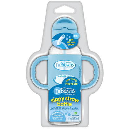 Dr.Browns Sippy Straw Bottle W/ Silicone Handles 250Ml (Blue)-plastic