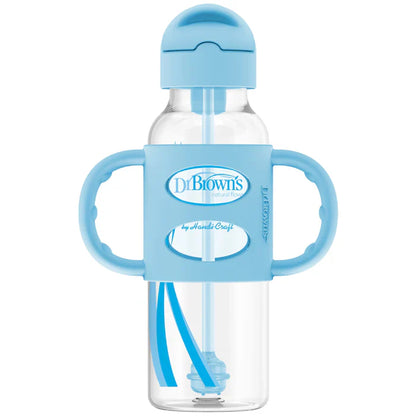 Dr.Browns Sippy Straw Bottle W/ Silicone Handles 250Ml (Blue)-plastic