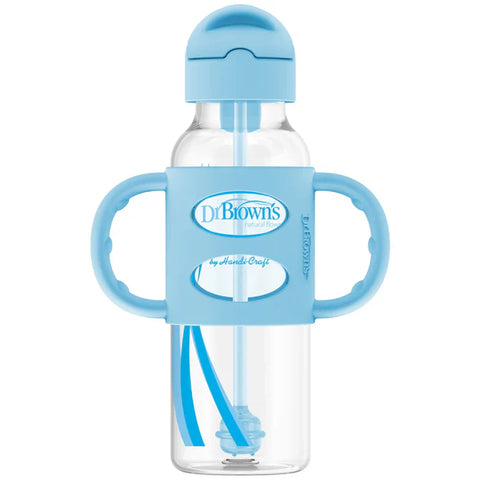 Dr.Browns Sippy Straw Bottle W/ Silicone Handles 250Ml (Blue)-plastic