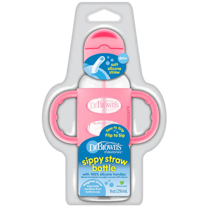 Dr.Browns Sippy Straw Bottle W/ Silicone Handles 250Ml (Pink)-plastic