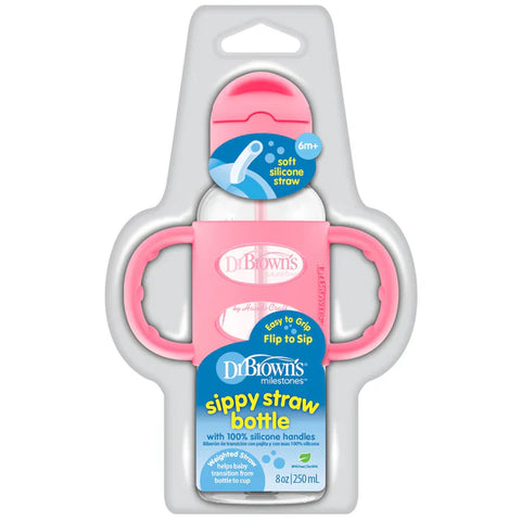 Dr.Browns Sippy Straw Bottle W/ Silicone Handles 250Ml (Pink)-plastic