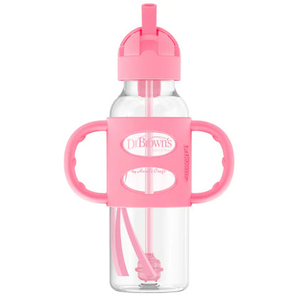 Dr.Browns Sippy Straw Bottle W/ Silicone Handles 250Ml (Pink)-plastic
