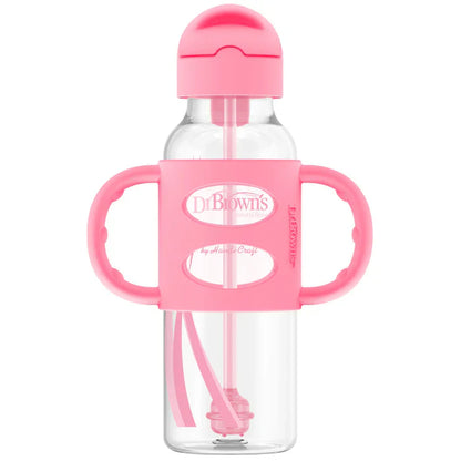 Dr.Browns Sippy Straw Bottle W/ Silicone Handles 250Ml (Pink)-plastic