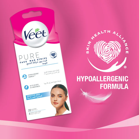 Veet Pure Face Hair Removal Wax Strips for Sensitive Skin, 20 Strips