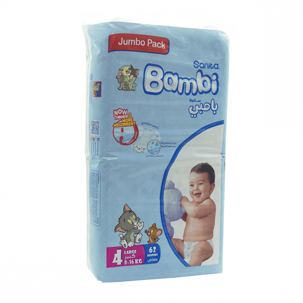 Bambi Baby Diaper Jumbo Pack Size 4 Large 8-16kg 62 pcs