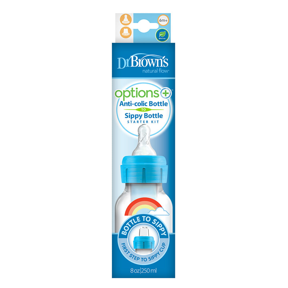 Dr. Browns 8 Oz/250 Ml Pp Narrow Options+ Bottle To Sippy Starter Kit, (Blue Rainbows,+L3 Nipple)-plastic